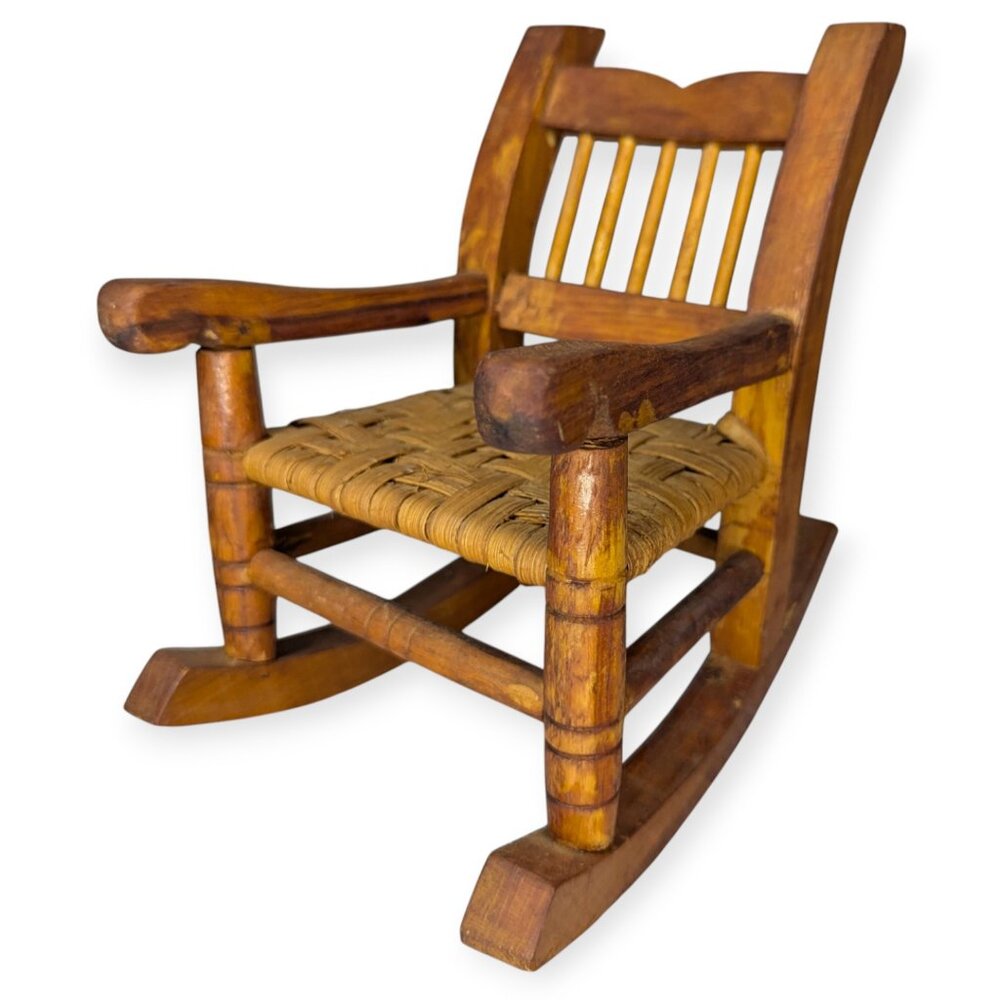 Vintage Miniature Wooden Rocking Chair w/ Woven Seat Perfect for Dolls or Bears